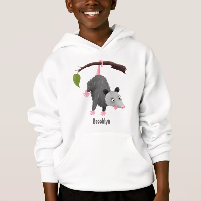 Cute funny opossum hanging from branch cartoon (Front)