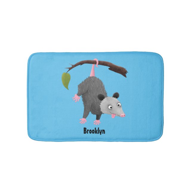 Cute funny opossum hanging from branch cartoon bath mat (Front)