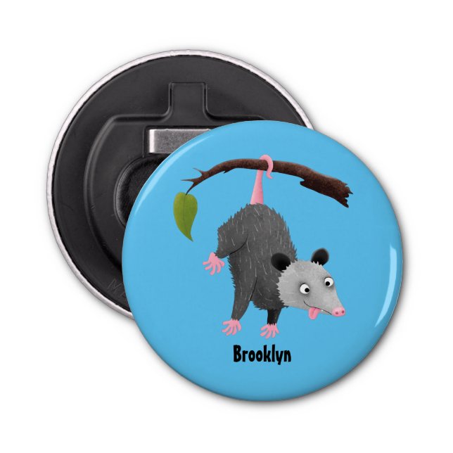 Cute funny opossum hanging from branch cartoon bottle opener (Front)