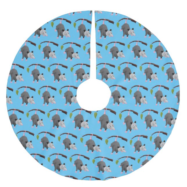 Cute funny opossum hanging from branch cartoon  brushed polyester tree skirt (Front)