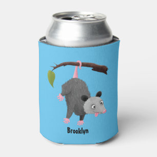 Cute funny opossum hanging from branch cartoon can cooler