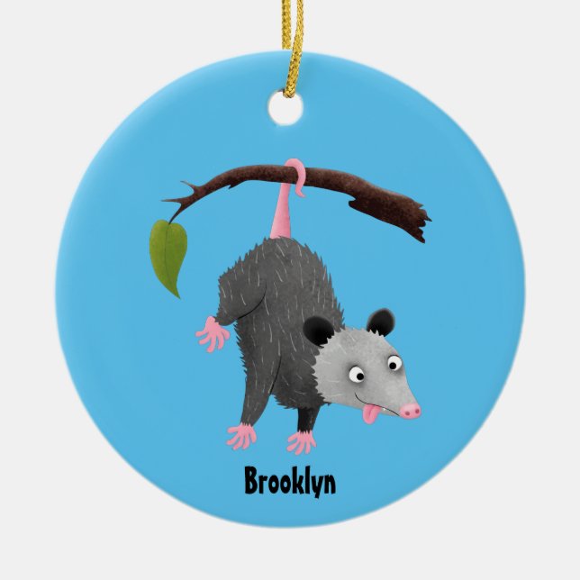 Cute funny opossum hanging from branch cartoon ceramic tree decoration (Front)