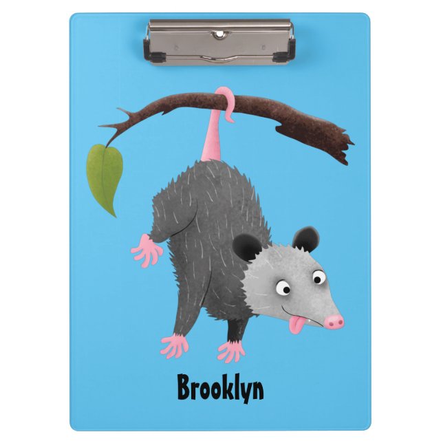 Cute funny opossum hanging from branch cartoon clipboard (Front)
