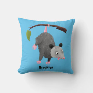 Cute funny opossum hanging from branch cartoon  cushion