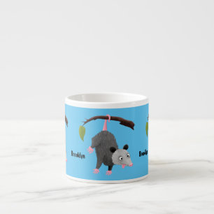 Cute funny opossum hanging from branch cartoon  espresso cup