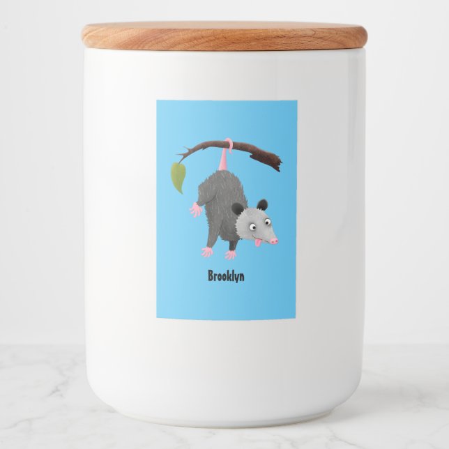 Cute funny opossum hanging from branch cartoon food label (Front)