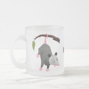 Cute funny opossum hanging from branch cartoon frosted glass coffee mug