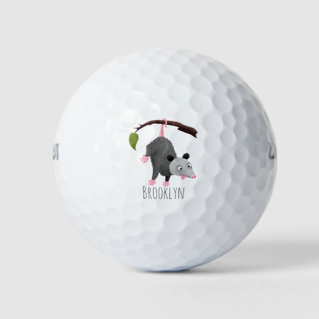 Cute funny opossum hanging from branch cartoon golf balls (Front)