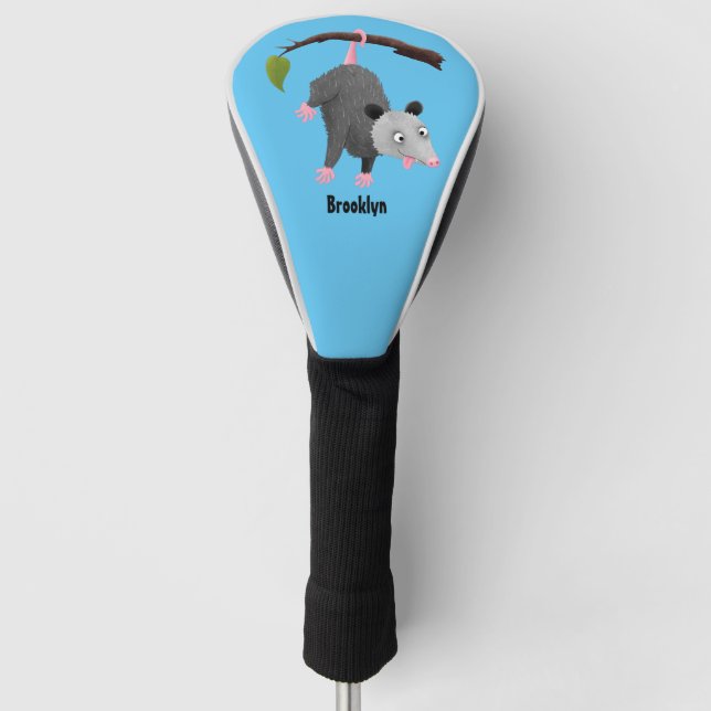 Cute funny opossum hanging from branch cartoon golf head cover (Front)