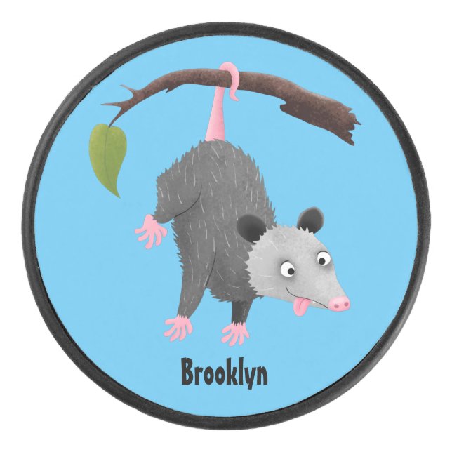Cute funny opossum hanging from branch cartoon hockey puck (Front)