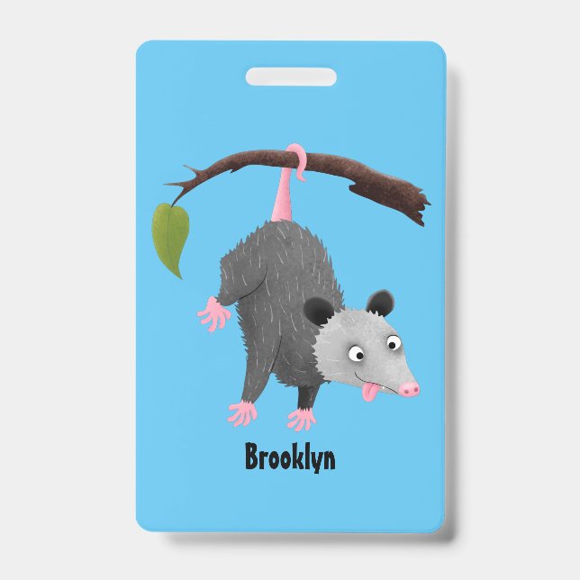 Cute funny opossum hanging from branch cartoon ID badge (Front)