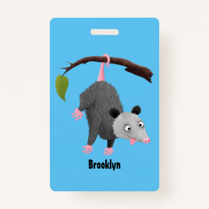 Cute funny opossum hanging from branch cartoon ID badge