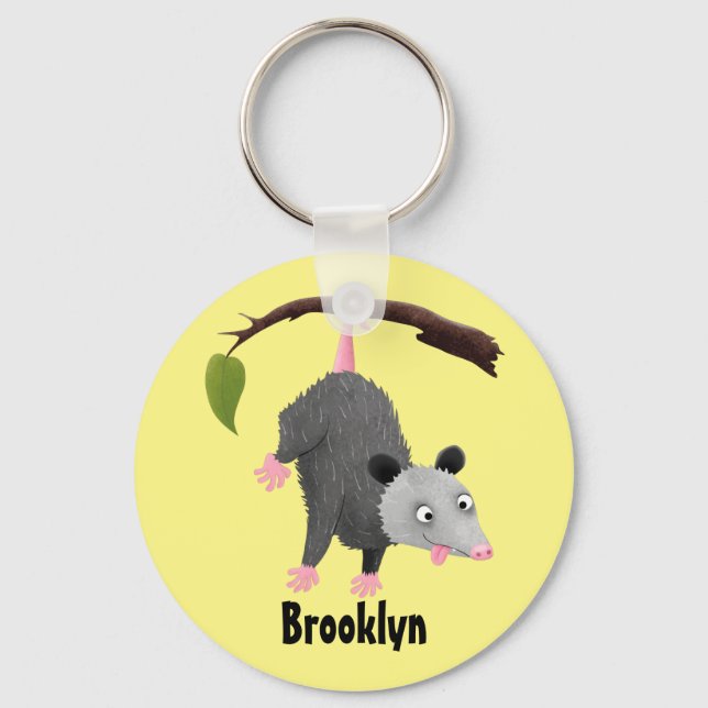 Cute funny opossum hanging from branch cartoon key ring (Front)