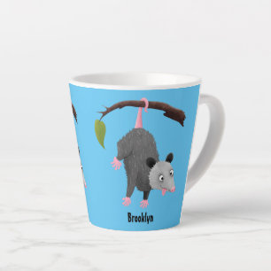 Cute funny opossum hanging from branch cartoon latte mug