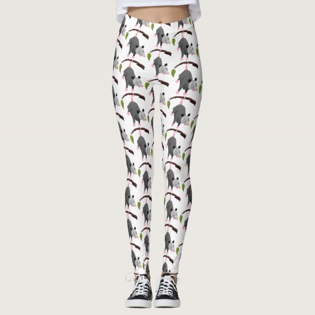 Cute funny opossum hanging from branch cartoon leggings (Front)