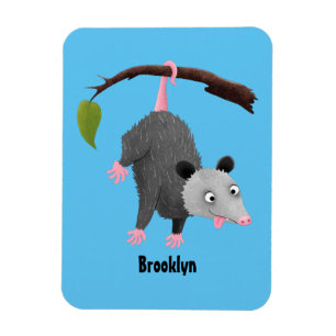 Cute funny opossum hanging from branch cartoon magnet