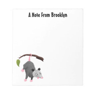 Cute funny opossum hanging from branch cartoon notepad