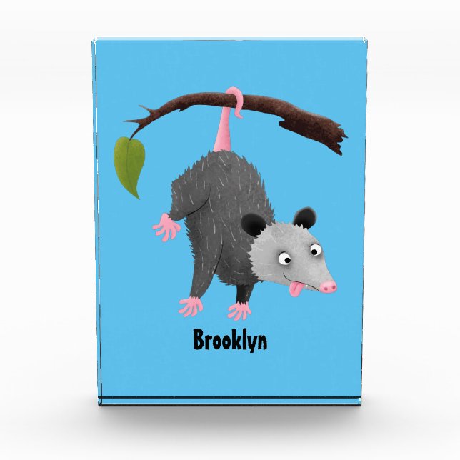 Cute funny opossum hanging from branch cartoon photo block (Front)