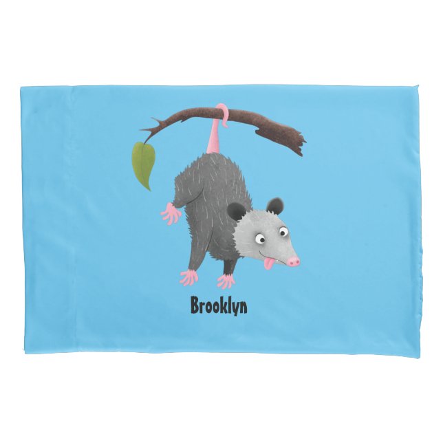 Cute funny opossum hanging from branch cartoon pillowcase (Front)