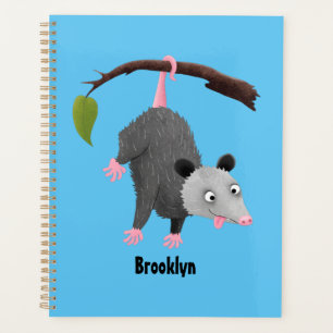 Cute funny opossum hanging from branch cartoon  planner
