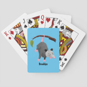 Cute funny opossum hanging from branch cartoon  playing cards