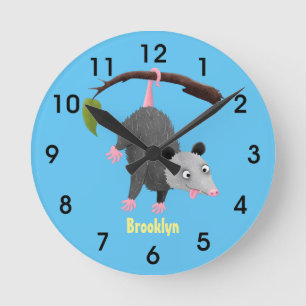 Cute funny opossum hanging from branch cartoon round clock