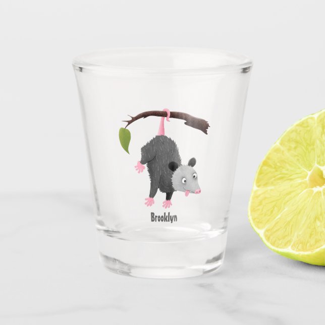 Cute funny opossum hanging from branch cartoon shot glass (Front)
