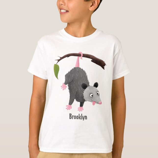 Cute funny opossum hanging from branch cartoon T-Shirt (Front)