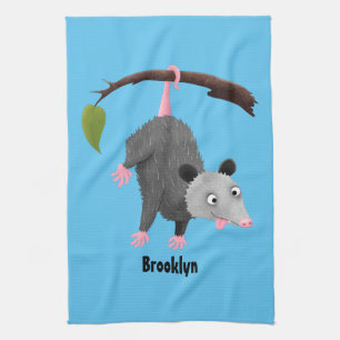Cute funny opossum hanging from branch cartoon tea towel
