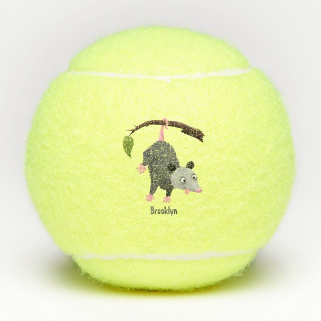 Cute funny opossum hanging from branch cartoon tennis balls (Front)