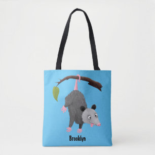 Cute funny opossum hanging from branch cartoon tote bag