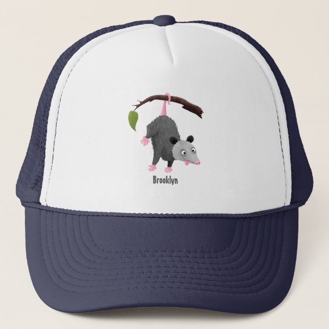 Cute funny opossum hanging from branch cartoon trucker hat (Front)