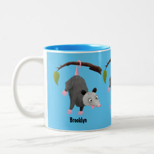 Cute funny opossum hanging from branch cartoon  Two-Tone coffee mug