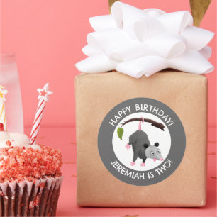 Cute funny opossum personalised birthday cartoon classic round sticker
