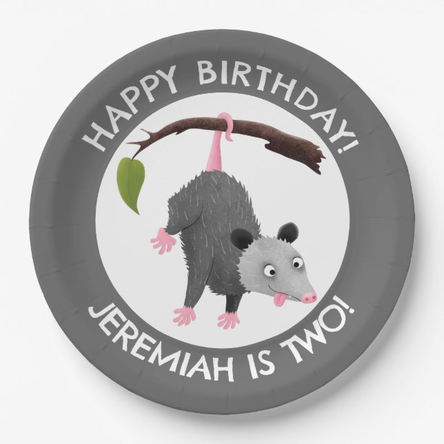 Cute funny opossum personalised birthday cartoon paper plate (Front)
