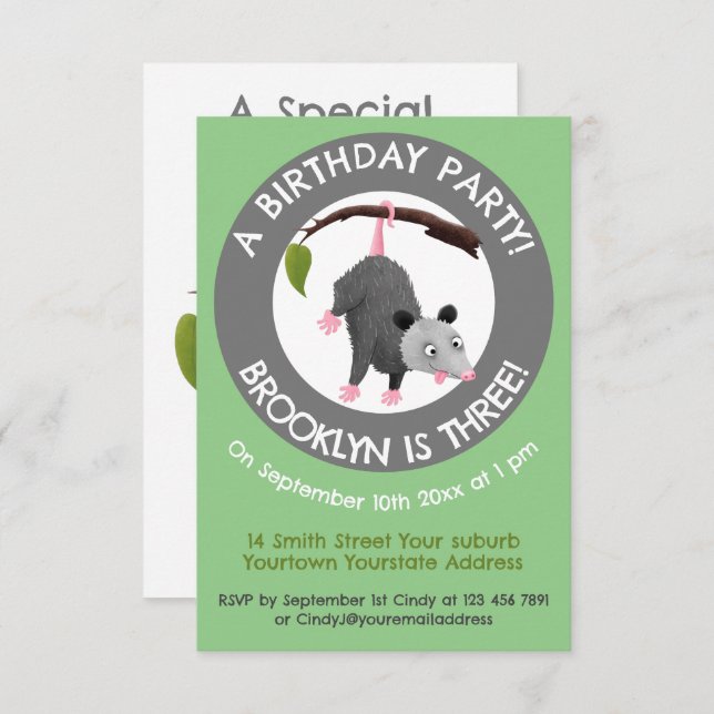 Cute funny opossum personalised cartoon birthday invitation (Front/Back)