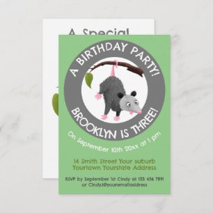 Cute funny opossum personalised cartoon birthday invitation
