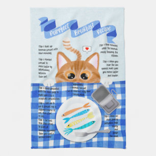 Cute Funny Orange Cat Breakfast Recipe Tea Towel