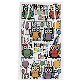 Cute Funny Owl and Balloons Happy Birthday Small Gift Bag