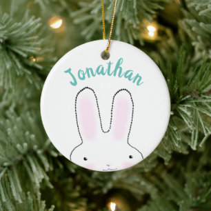 Cute funny peeking bunny cartoon personalised kids ceramic tree decoration