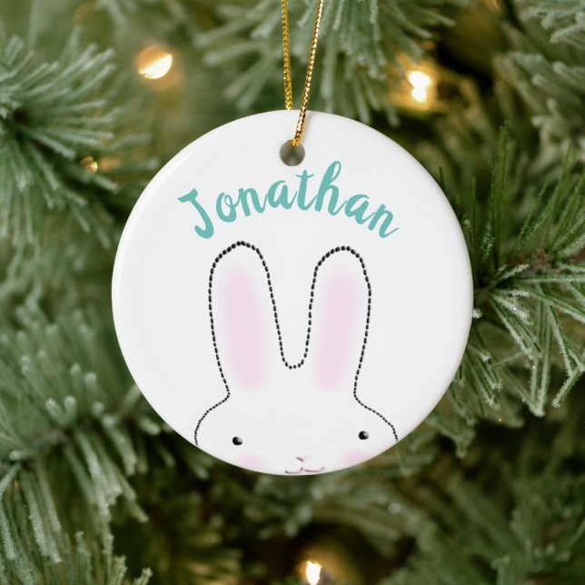 Cute funny peeking bunny cartoon personalised kids ceramic tree decoration (Tree)