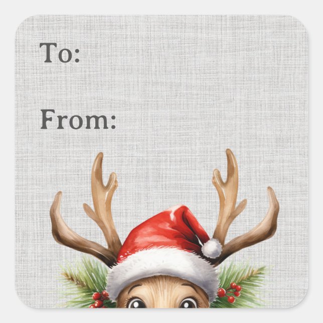 Cute Funny Peeking Reindeer Gift Label (Front)