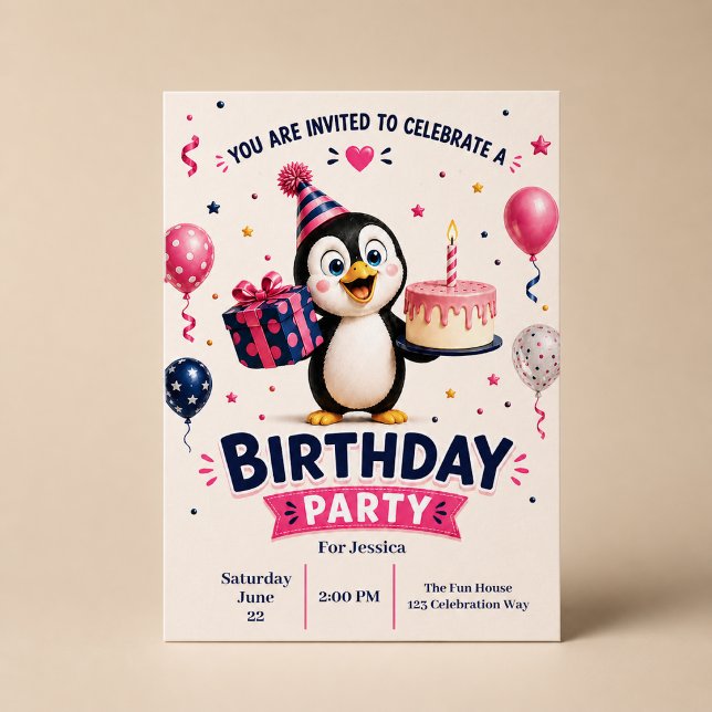 Cute Funny Penguin Birthday Party Invitation (Creator Uploaded)