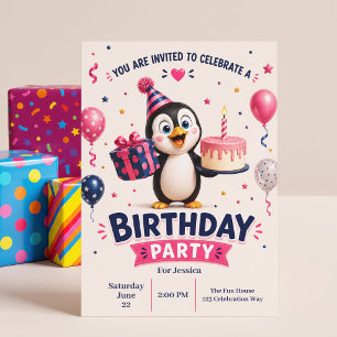 Cute Funny Penguin Birthday Party Invitation