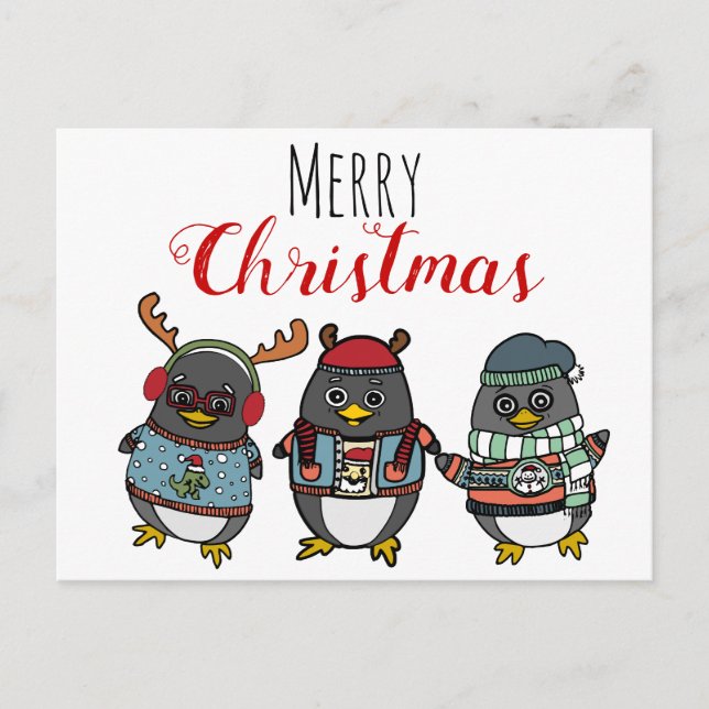 Cute Funny Penguin Illustration | Merry Christmas Postcard (Front)