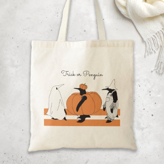 Cute Funny Penguin Pumpkin Cartoon Halloween Tote Bag