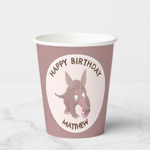 Cute funny personalised aardvark birthday paper cups