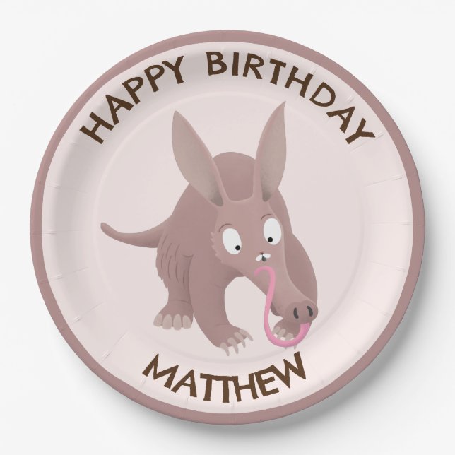Cute funny personalised aardvark birthday paper plate (Front)