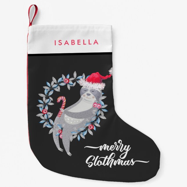 Cute Funny Personalised Sloth Holiday Small Christmas Stocking (Front)
