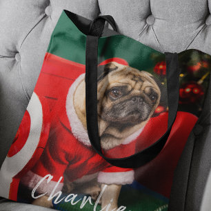 Cute Funny Pet Dog Puppy Photo Name Christmas Tote Bag